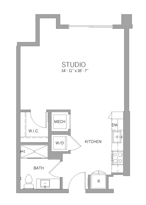 A floor plan of a studio apartment with a kitchen, bathroom, and a work area.
